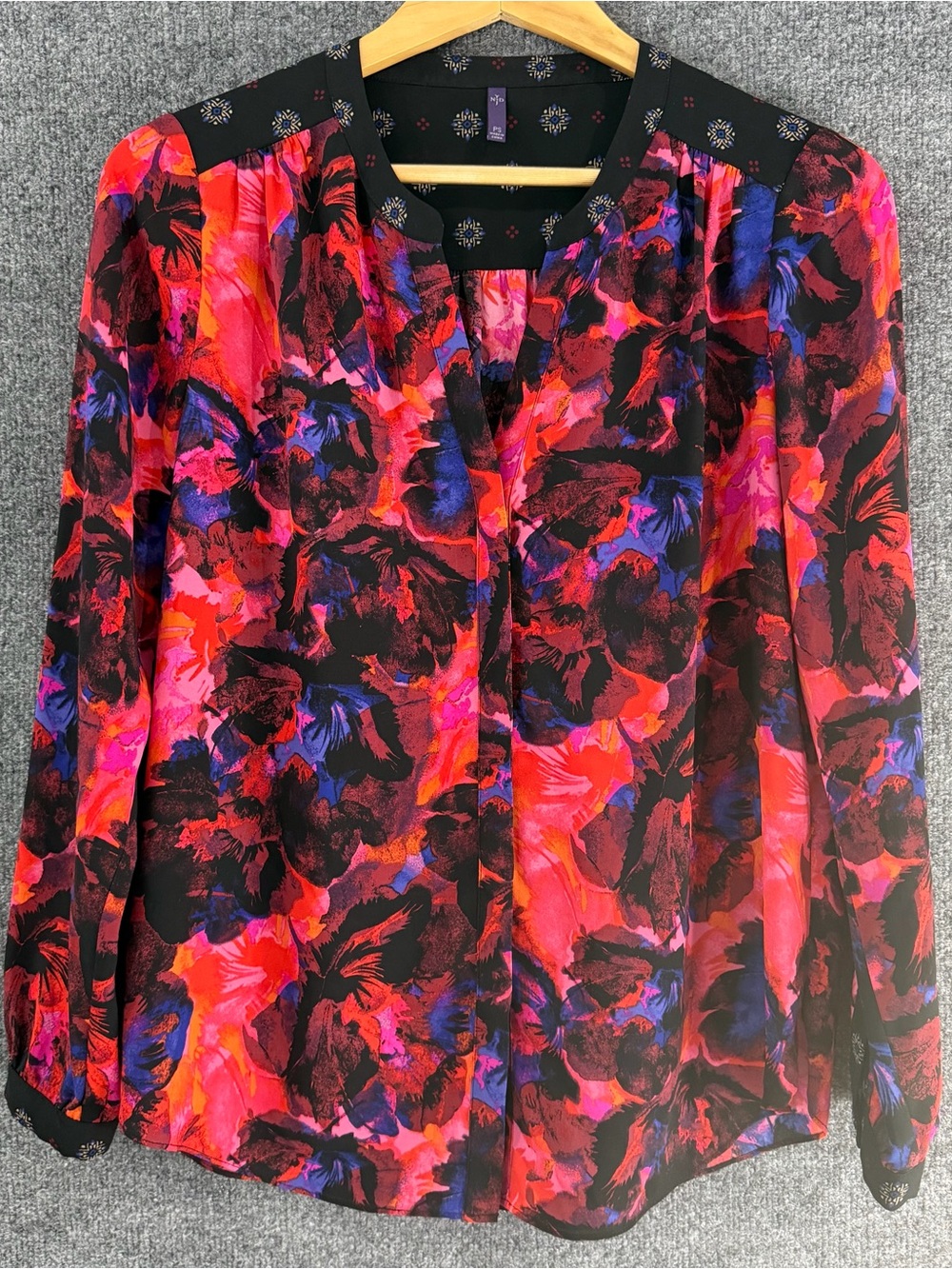 NYDJ Womens Floral Artsy Top Size Small Petite Long Sleeve Office Career